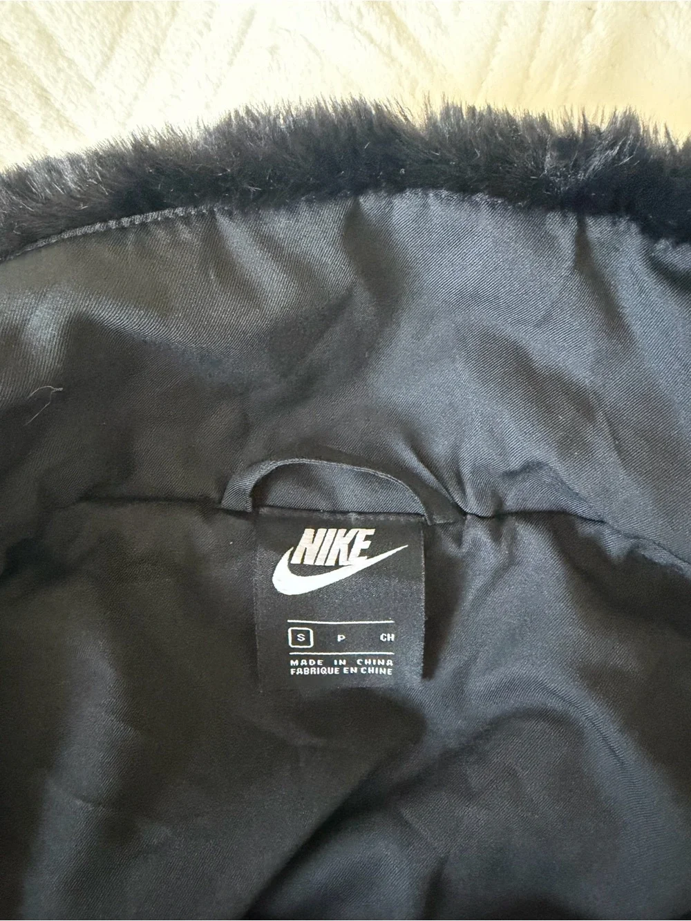 Nike Faux Fur Swoosh Jacket Black Sail Women’s Small NWOT